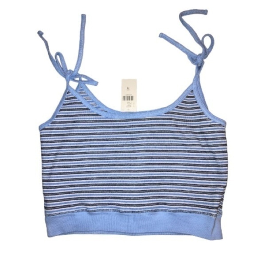 NWT Anthropologie Truly Madly Deeply Ribbed Blue Striped Tie Crop Tank Top Sz Md